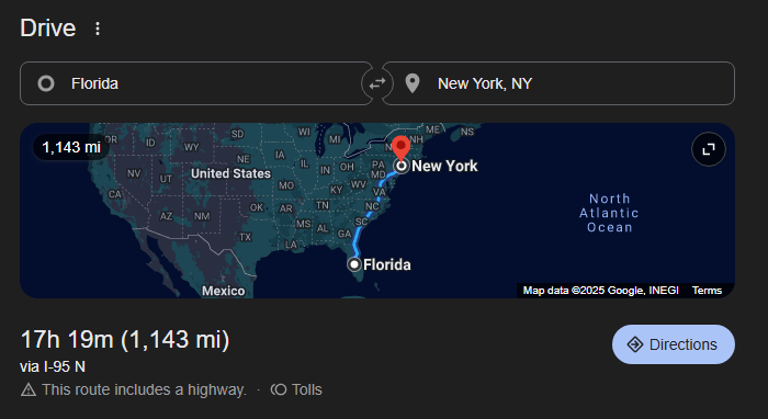 Approximate miles from Florida to Brooklyn