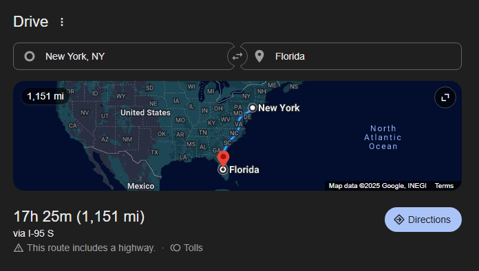 Approximate miles from Brooklyn to Florida
